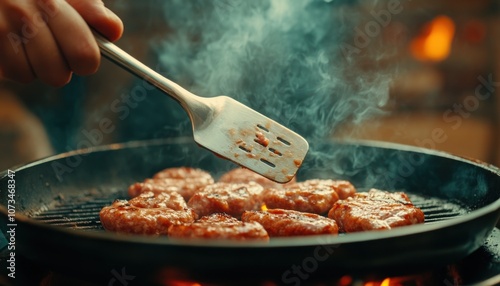 Obraz na płótnie Delicious Grilled Sausages Chef Flipping Sausages with Spatula on BBQ, Perfect for Summer Barbecues, Grilling Tips and Techniques, Sausage Spatula Cooking, Grill Action, Mouthwatering Food Photography w salonie