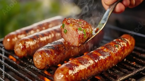 Obraz na płótnie Delicious Grilled Sausages A Backyard BBQ Feast Watch as a spatula flips a juicy sausage on a hot grill, creating sizzling sounds and mouthwatering aromas This is the perfect summertime scene for a w salonie