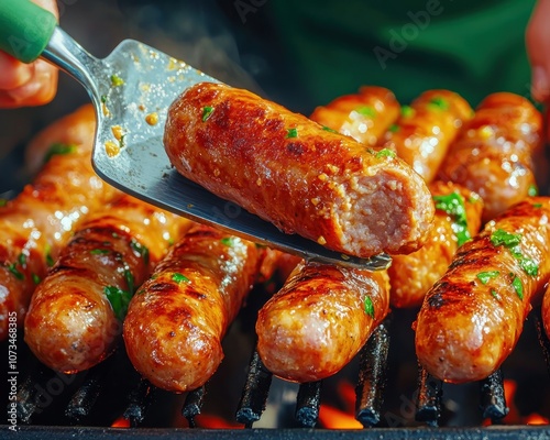 Obraz na płótnie Delicious Grilled Sausages A Close-Up of Sizzling Sausage Links on a Hot Grill with a Spatula Ready to Flip BBQ Preparation and Cooking at Its Best Perfect for Summer Cookouts, Tailgates, or Backyard w salonie