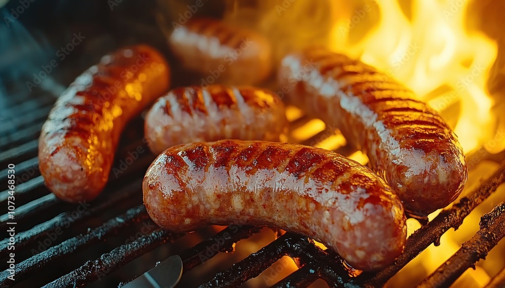 Delicious Grilled Sausages Sizzling on the BBQ with a Spatula Turning Them, Perfect for Summer Picnics and Backyard Gatherings