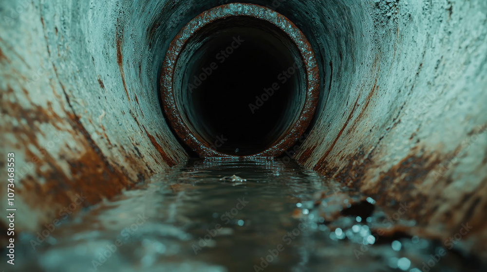 Dark and Gloomy View Inside a Rusty Storm Drain Pipe with Water Flowing, Capturing Industrial Texture and Depth in Urban Infrastructure Scene Dark and Gloomy View Inside a Rusty Storm Drain Pipe with Water Flowing, Capturing Industrial Texture and Depth in Urban Infrastructure Scene