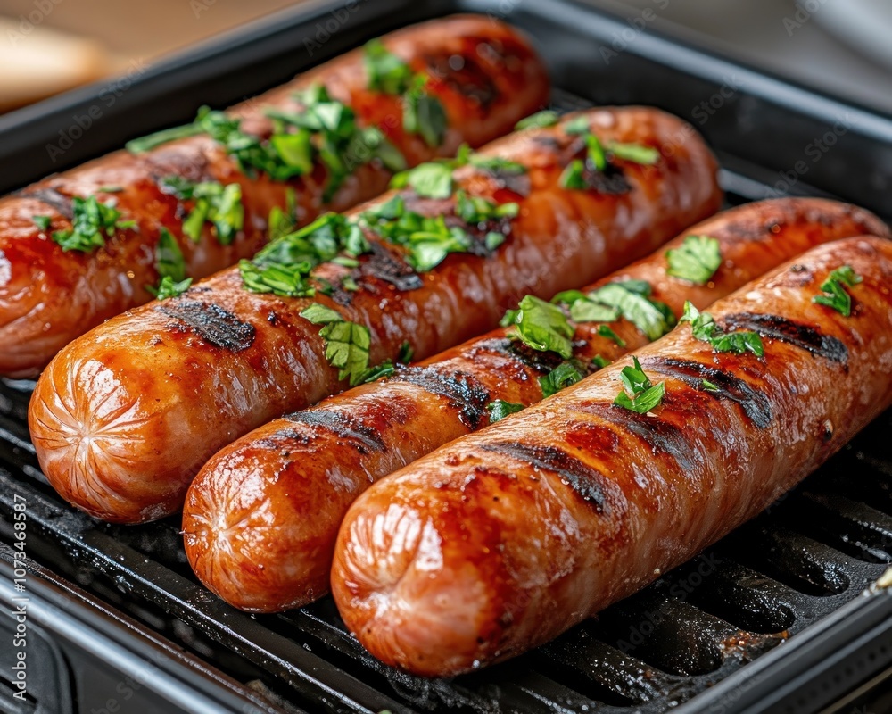 Delicious Grilled Sausages Sizzling on the Grill with a Spatula Ready to Flip, Perfect for a BBQ The ultimate summer grilling recipe with tasty, juicy sausages