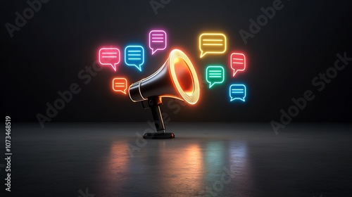 Vibrant megaphone with glowing colorful speech bubbles on a sleek black background symbolizing the strength and power of expression communication and the ability to amplify one s voice and message photo