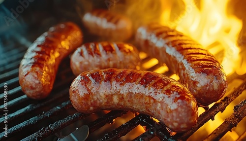 Delicious Grilled Sausages Sizzling on the BBQ with a Spatula Turning Them, Perfect for Summer Picnics and Backyard Gatherings