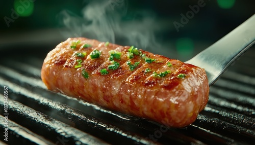 Obraz na płótnie Delicious Sausage Flipped with Spatula on Smoky Grill, Grilling Tips and Techniques for Perfect BBQ Sausage w salonie