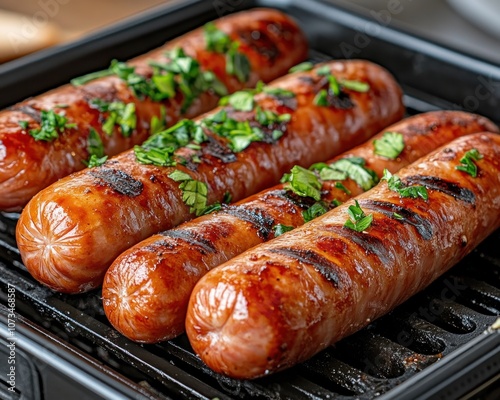 Obraz na płótnie Delicious Grilled Sausages Sizzling on the Grill with a Spatula Ready to Flip, Perfect for a BBQ The ultimate summer grilling recipe with tasty, juicy sausages w salonie