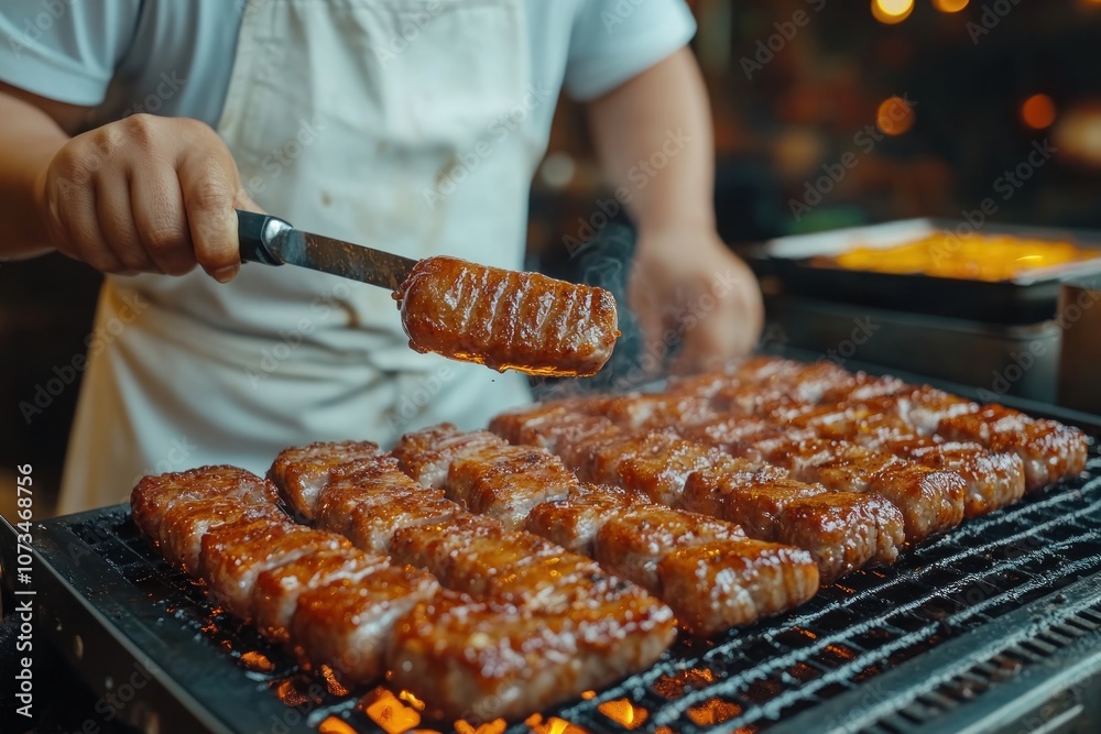 Expert Chef Flips Juicy Sausages on a Hot BBQ Grill, Creating Delicious Smoke-Filled Grilling Experience Enjoy the Sizzle and Flavor of Perfectly Cooked Sausage with a Professional Touch