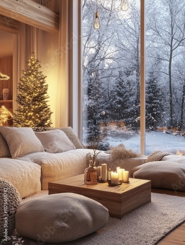 Cozy Living Room with Christmas Tree and Snowy Winter View