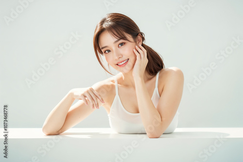 A woman with long hair and a white tank top is smiling for the camera photo