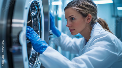 Scientist looking through a microscope in a laboratory, focused on analyzing a sample under high magnification for research, innovation, and discovery in the field of biology or chemistry.
