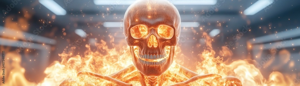 Fiery Human Skeleton Hologram with Detailed Organs 3D Render of Human Body Anatomy in Flames, Perfect for Medical Illustration, Anatomy Diagnostics, and Digital Art