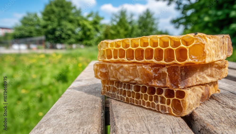 Fresh Honeycomb Harvest Pure, Rustic Artisan Honey Straight from the Hive, Golden Nectar Flowing, Wild Meadow Blooms