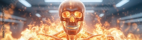 Obraz na płótnie Fiery Human Skeleton Hologram with Detailed Organs 3D Render of Human Body Anatomy in Flames, Perfect for Medical Illustration, Anatomy Diagnostics, and Digital Art w salonie