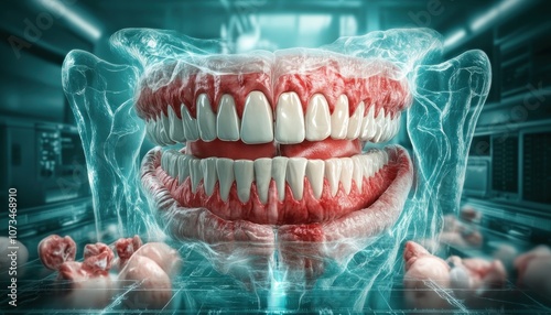 Obraz na płótnie Explore Human Anatomy in 3D with Interactive Holographic Visualization, Discover the Intricacies of Teeth, Gums, and Oral Structures, Holographic Anatomy with Scientific Labeling, Anatomy Hologram w salonie