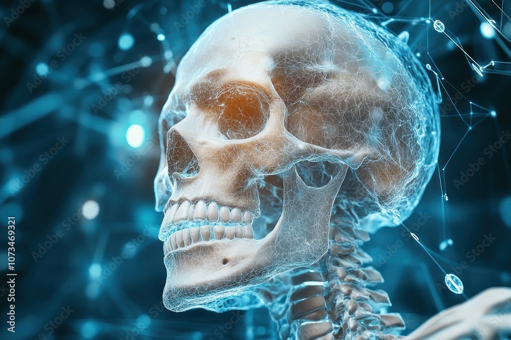 Futuristic Hologram of Human Skeleton Anatomy, Digital Organs, 3D Medical Illustration, Science, Technology, Virtual Reality, Healthcare, Human Body, Medical Imaging, X-Ray, Skeleton, Bone, Skull