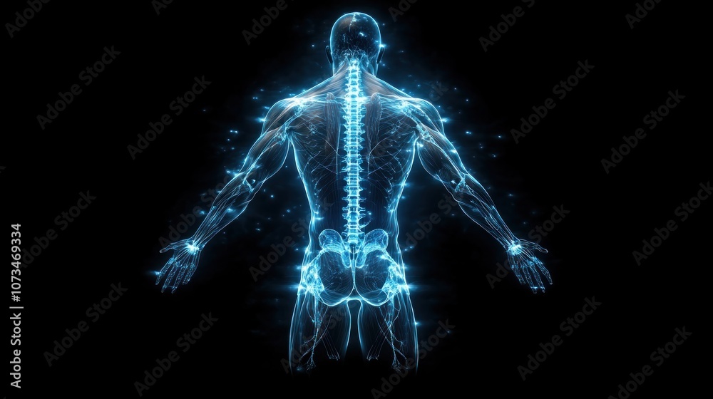 Futuristic Human Body Hologram for Medical Diagnostics and Scientific Visualization, 3D Model of the Human Skeleton and Musculature with Glowing Points of Light