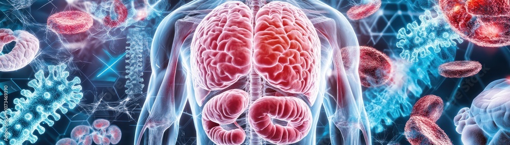 Futuristic Hologram of Human Body Anatomy Visualization, Organs, Medical Technology, Healthcare Innovation, Future of Medicine, 3D Medical Illustration, Digital Human Model, Science Visualization