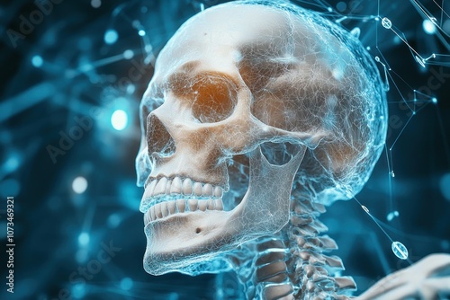 Obraz na płótnie Futuristic Hologram of Human Skeleton Anatomy, Digital Organs, 3D Medical Illustration, Science, Technology, Virtual Reality, Healthcare, Human Body, Medical Imaging, X-Ray, Skeleton, Bone, Skull w salonie