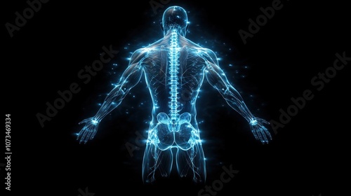 Obraz na płótnie Futuristic Human Body Hologram for Medical Diagnostics and Scientific Visualization, 3D Model of the Human Skeleton and Musculature with Glowing Points of Light w salonie