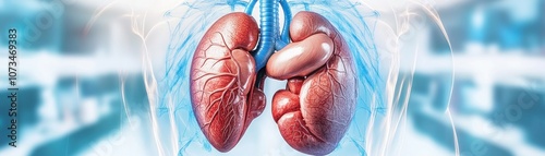 Obraz na płótnie Futuristic Holographic Visualization of Human Kidneys for Medical Research, 3D Model of Internal Organs for Advanced Medical Studies w salonie