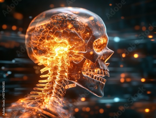 Obraz na płótnie Futuristic Holographic Display of Human Skeletal System, Anatomy Hologram X-ray Visualization, Digital Technology Advancement w salonie