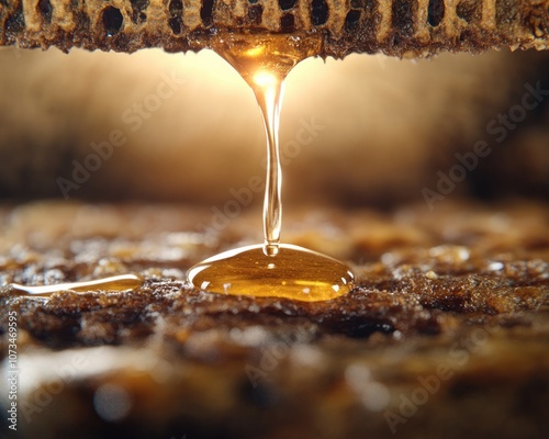 Obraz na płótnie Golden Honey Dripping From Comb, Fresh Nectar Harvest, Beekeeping, Pure, Rustic Texture, Honeycomb, Honeybee, Raw Honey, Natural Sweetness, Golden Nectar, Beekeeping Harvest, Honeycomb Texture w salonie