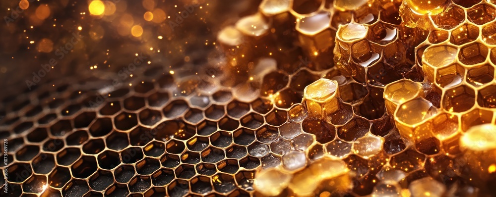 Golden Honey Drizzling on Raw Honeycomb, Beekeeping Harvest, Rustic Fresh Natural Nectar, Close Up Photo