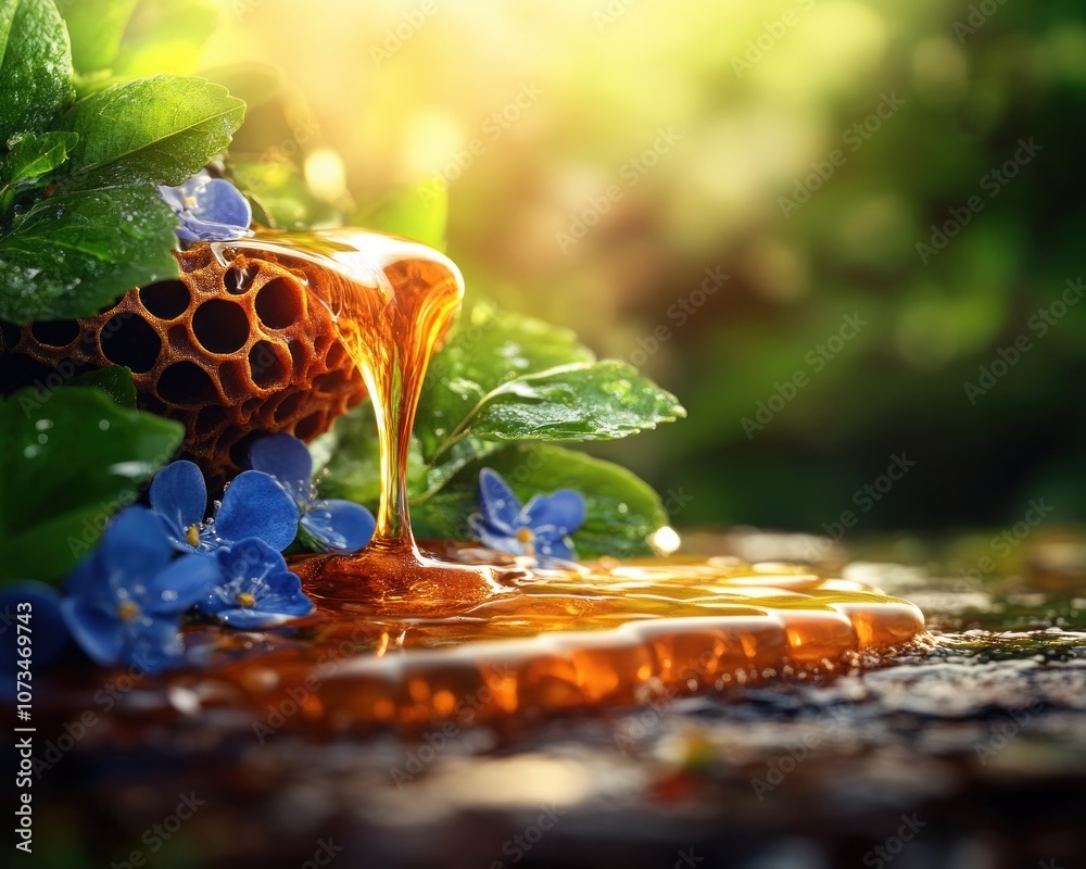 Golden Honey Nectar Flowing from Honeycomb in Wild Natural Setting, Beekeeping Harvest, Pure, Artisan Honey, Wildflower Honeycomb, Nature's Sweetness, Raw Honey, Honeycomb Photography, Honeycomb