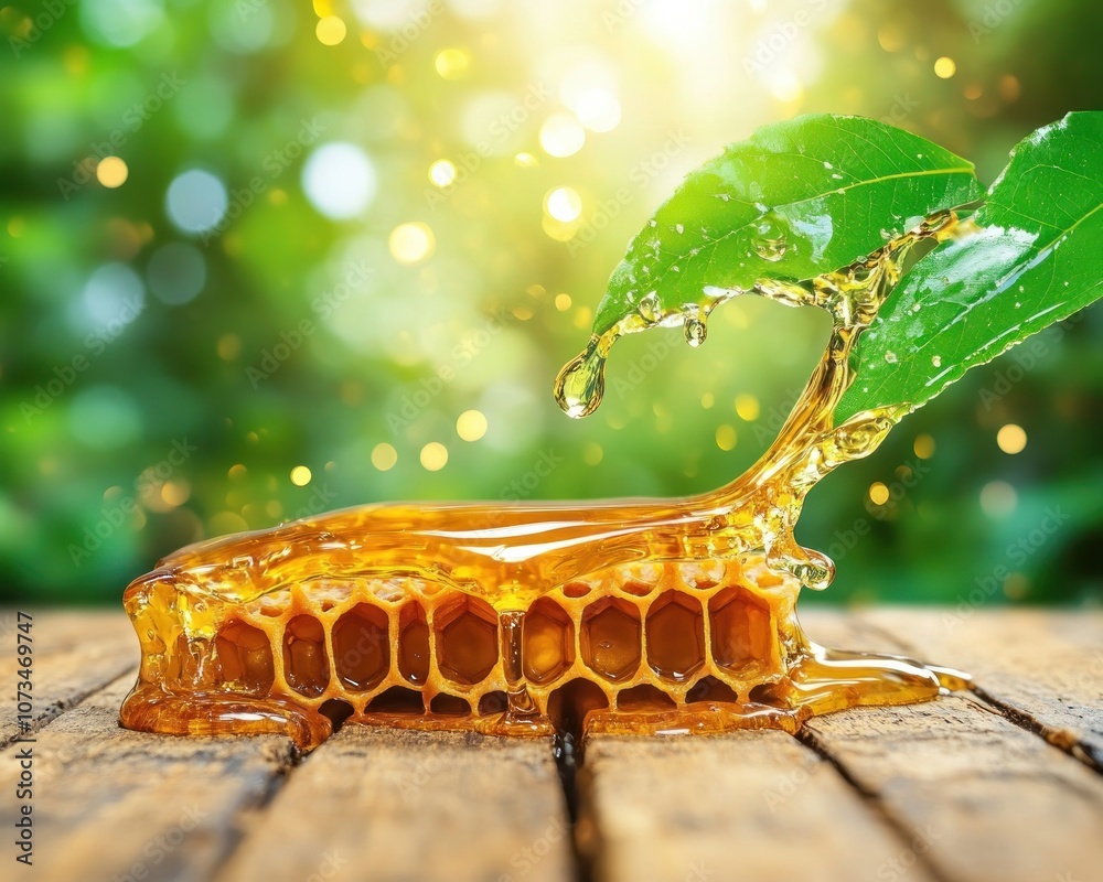 Golden Honey Flowing from Comb in a Wild Scene Beekeeping Harvest Nectar, Natural Artisan Pure Honey, A Delicious Treat From Nature
