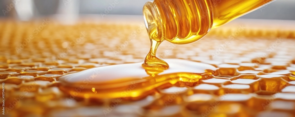 Golden Honey Pouring from a Beehive, Close-Up View of Raw Honey Harvest This image captures the essence of beekeeping, showcasing the golden nectar being extracted from the hive and poured onto a