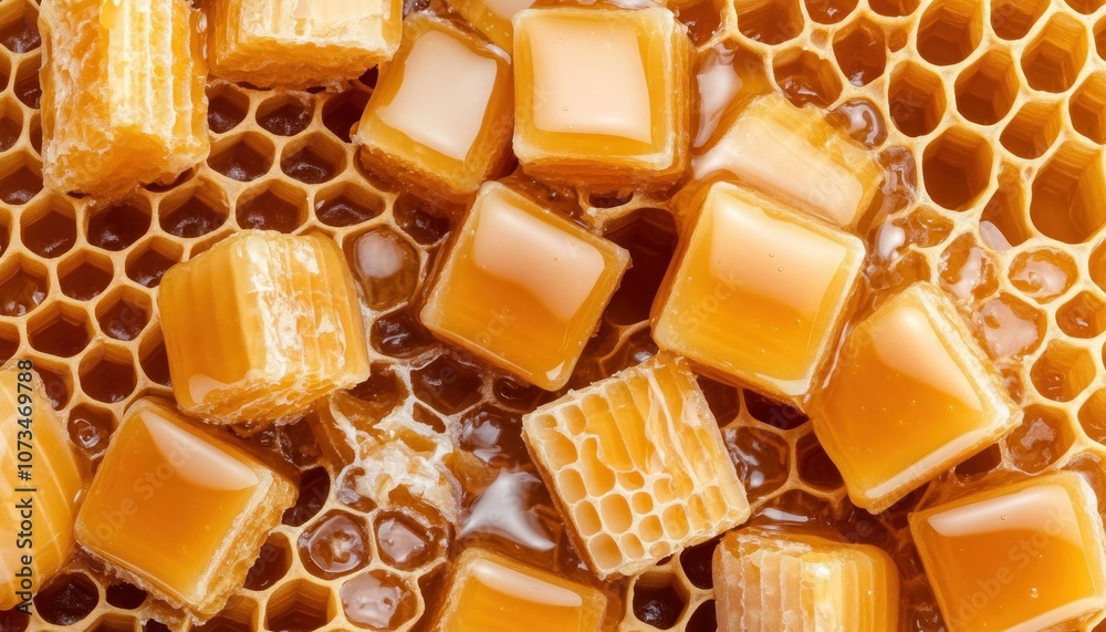 Golden Honey Flowing Over Natural Honeycomb, Pure, Raw, Artisan Honey Texture, Close-Up Macro Photography of Sweet, Delicious, and Healthy Honeycomb