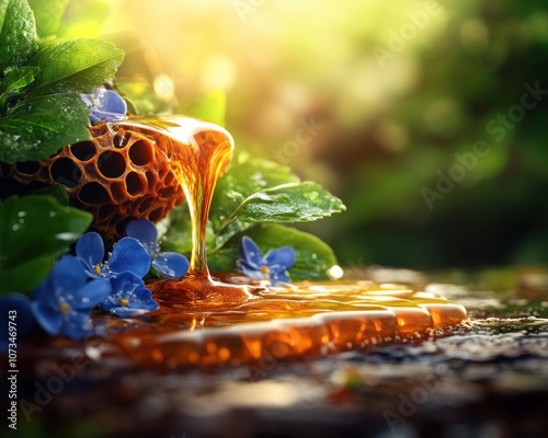 Obraz na płótnie Golden Honey Nectar Flowing from Honeycomb in Wild Natural Setting, Beekeeping Harvest, Pure, Artisan Honey, Wildflower Honeycomb, Nature's Sweetness, Raw Honey, Honeycomb Photography, Honeycomb w salonie