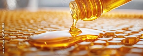Obraz na płótnie Golden Honey Pouring from a Beehive, Close-Up View of Raw Honey Harvest This image captures the essence of beekeeping, showcasing the golden nectar being extracted from the hive and poured onto a w salonie