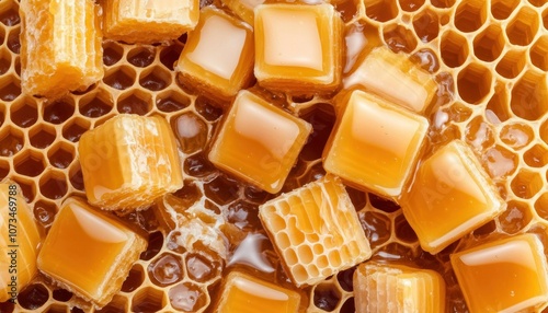 Obraz na płótnie Golden Honey Flowing Over Natural Honeycomb, Pure, Raw, Artisan Honey Texture, Close-Up Macro Photography of Sweet, Delicious, and Healthy Honeycomb w salonie
