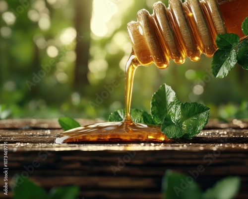 Golden Honey Pouring from a Wooden Dipper onto a Rustic Table in a Wild Meadow, Capturing the Essence of Raw, Natural Beekeeping Harvest
