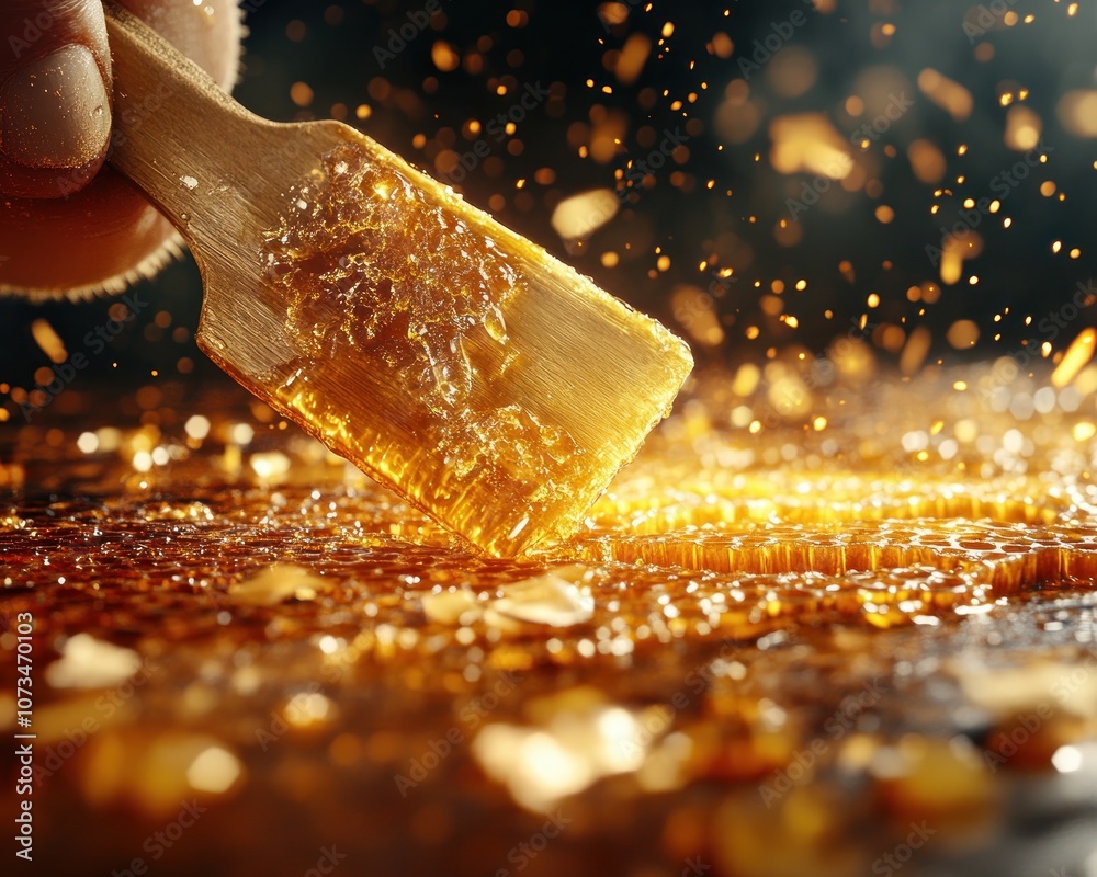 Golden Honeycomb Harvest Rustic Beekeeping Tradition, A Pristine Honeycomb Being Cut Open, Revealing Raw, Pure Golden Texture Experience the Sweetness of Nature's Bounty