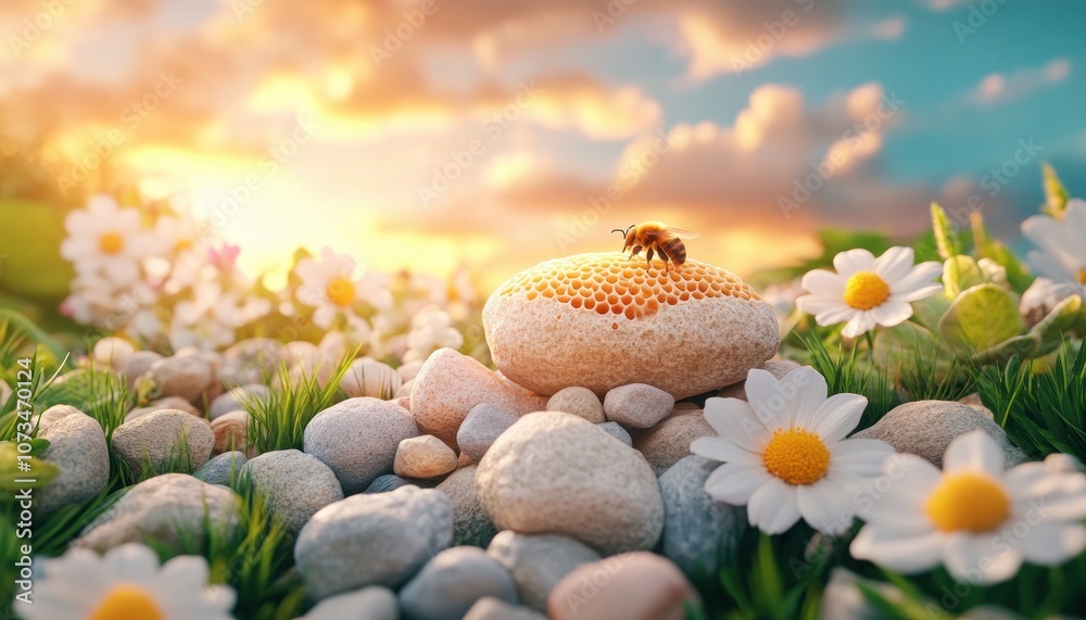 Golden Honeycomb in a Wild Meadow with a Bee Collecting Nectar, Rustic Beekeeping Harvest for Pure, Fresh Honey