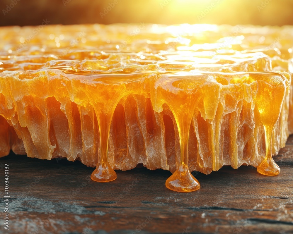 Golden Honeycomb Dripping with Raw Honey, Sunlight Illuminates Natural Artisan Honeycomb, Pure and Delicious