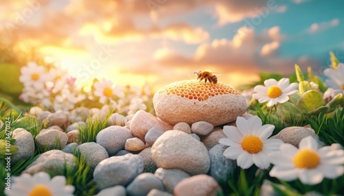 Obraz na płótnie Golden Honeycomb in a Wild Meadow with a Bee Collecting Nectar, Rustic Beekeeping Harvest for Pure, Fresh Honey w salonie