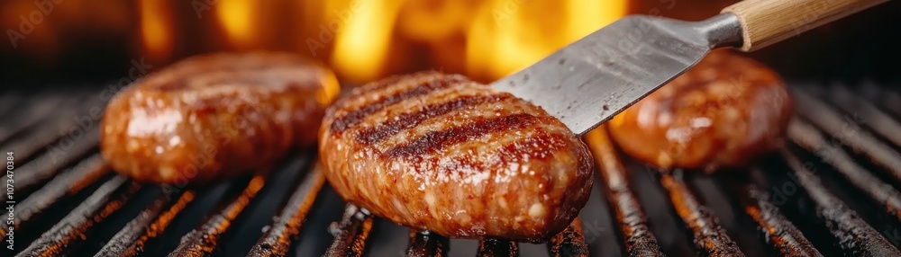 Grilled Sausage on BBQ Grill, Spatula Flipping, Juicy and Smoky Flavor, Perfect for a Summer Cookout