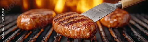 Obraz na płótnie Grilled Sausage on BBQ Grill, Spatula Flipping, Juicy and Smoky Flavor, Perfect for a Summer Cookout w salonie