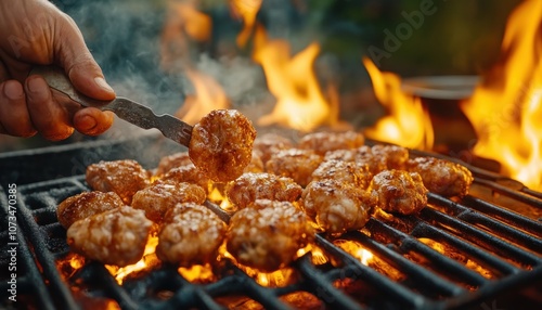 Obraz na płótnie Grilled Chicken Skewers with Smoky Flavor, Crispy Charred Edges, and Barbecue Charcoal, Perfect for Summer Grilling w salonie