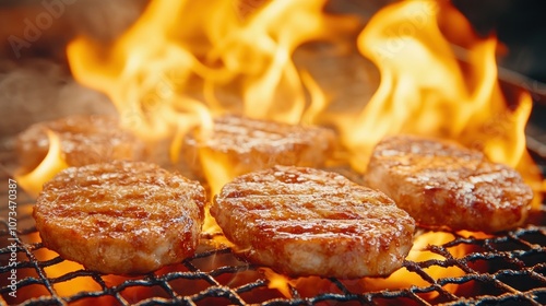 Grilled Chicken Patties Sizzling on the Charcoal Grill, Perfect for Burgers, Barbecue, or Sandwiches, with Crispy Texture and Rich Charcoal Flavor