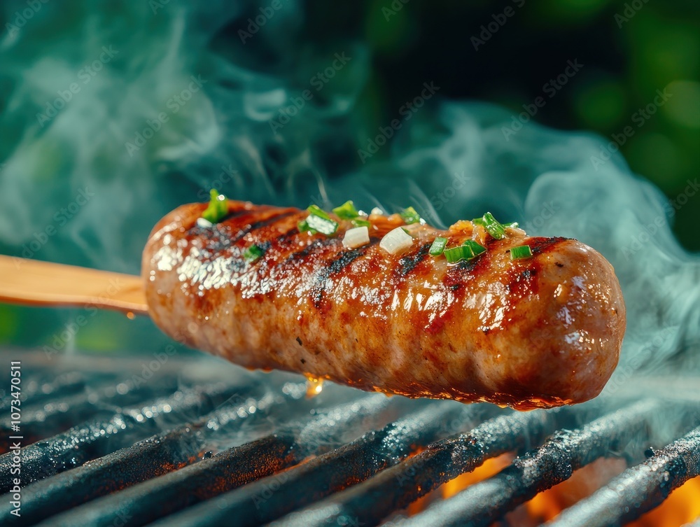 Grilled Sausage with Smoke Rising, Turning with Spatula, Delicious BBQ Process, Perfect Summer Cookout Recipe