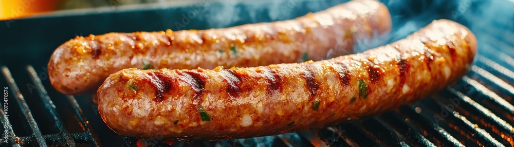 Grilling Delicious Sausages on a Backyard BBQ, Perfect Summer Cookout Food, Smoke Rising, Spatula Turning Sausage