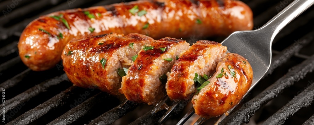Grilled Sausage with Spatula, Sizzling on the BBQ Grill, Juicy and Delicious, Perfect for Summer Entertaining