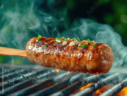 Grilled Sausage with Smoke Rising, Turning with Spatula, Delicious BBQ Process, Perfect Summer Cookout Recipe