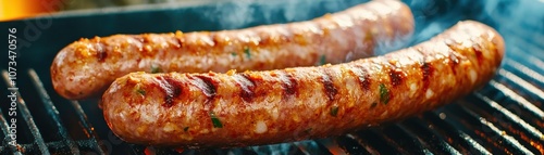 Obraz na płótnie Grilling Delicious Sausages on a Backyard BBQ, Perfect Summer Cookout Food, Smoke Rising, Spatula Turning Sausage w salonie
