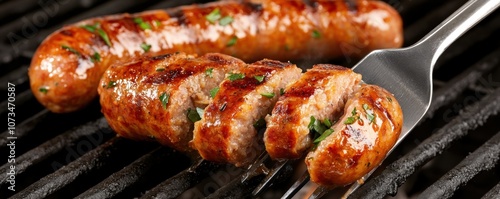 Obraz na płótnie Grilled Sausage with Spatula, Sizzling on the BBQ Grill, Juicy and Delicious, Perfect for Summer Entertaining w salonie
