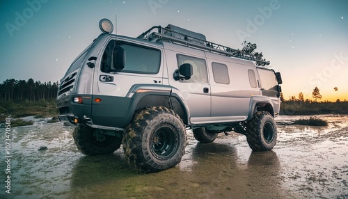 Futuristic offroad camper van in mud